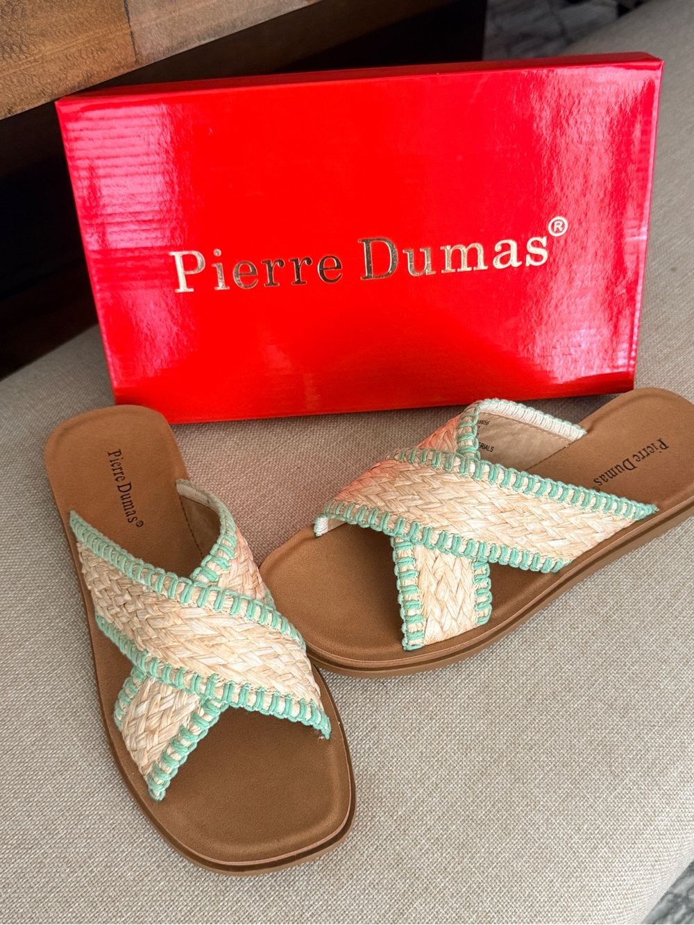 Pierre Dumas Tan Woven Slide Sandals with Mint Trim